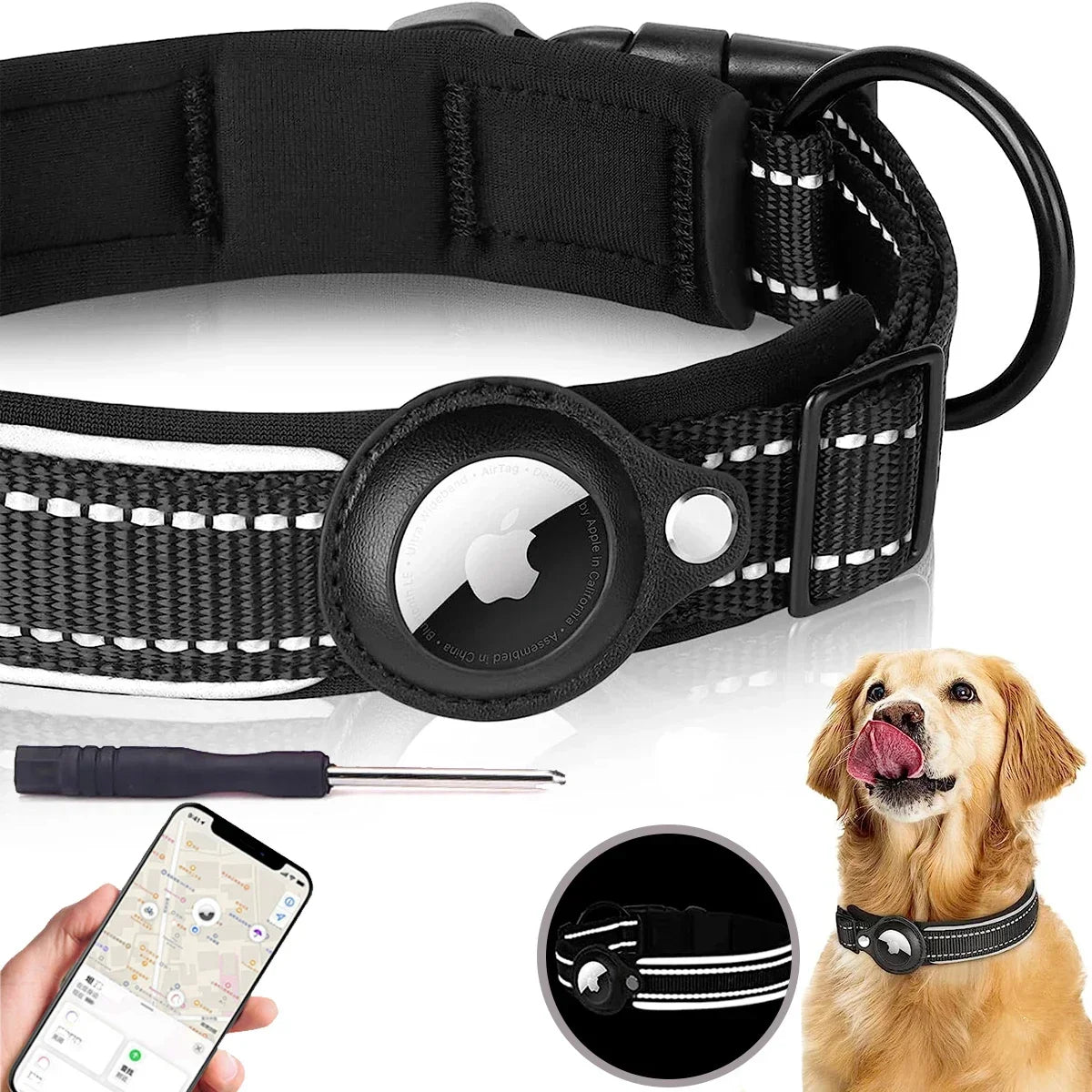 Waterproof and Reflective Dog Collar with Airtag Holder