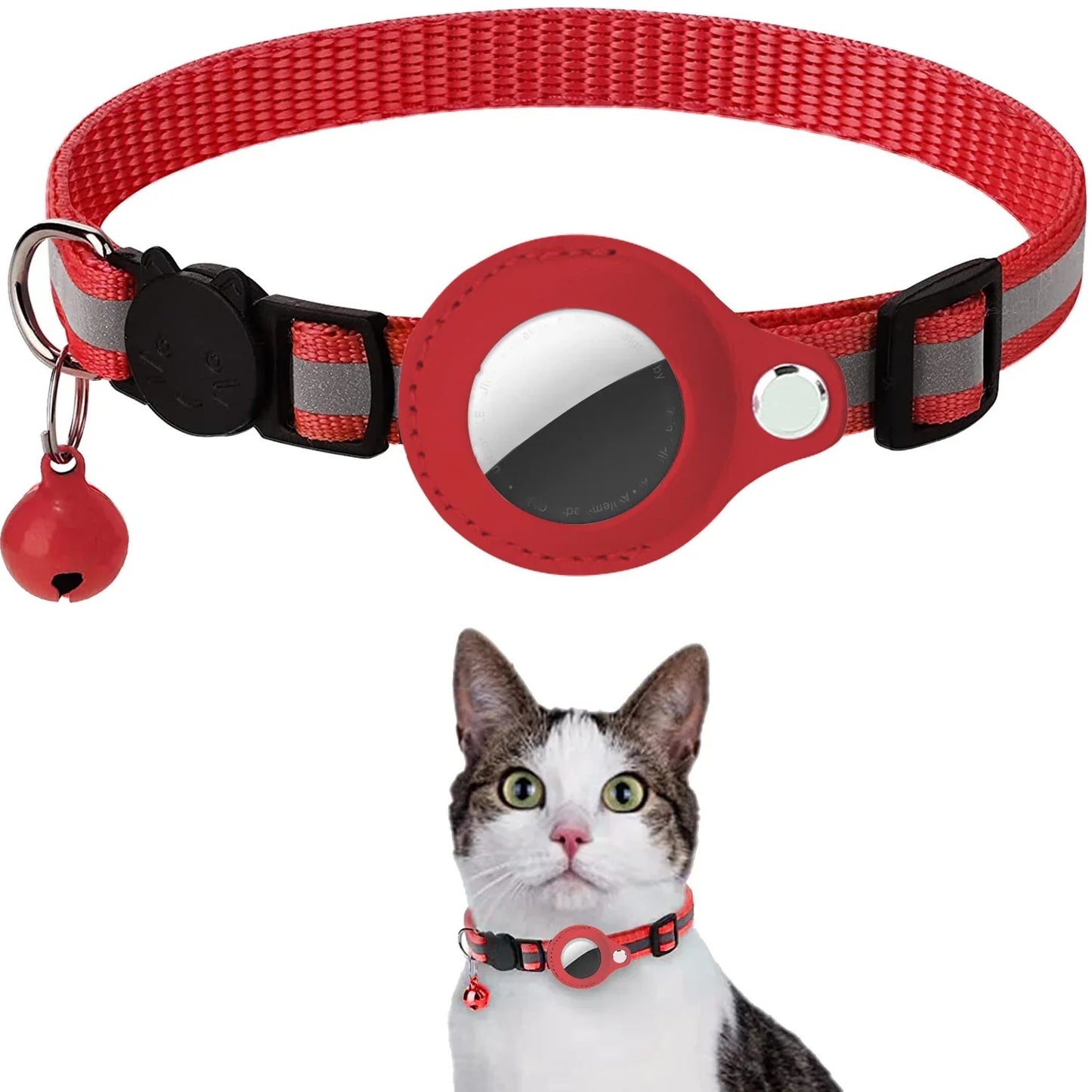 Cat AirTag Holder Collar with Breakaway Buckle and Reflective Strips and Cat Bell