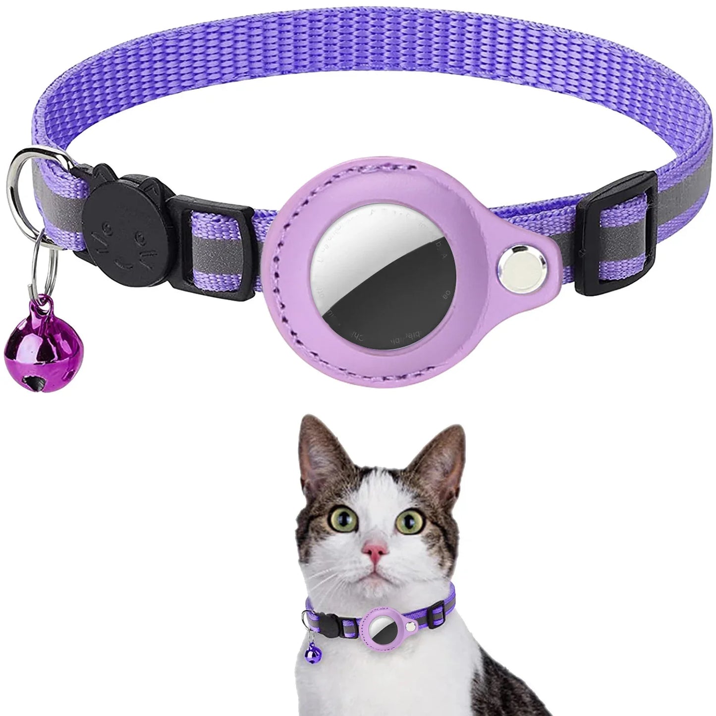 Cat AirTag Holder Collar with Breakaway Buckle and Reflective Strips and Cat Bell