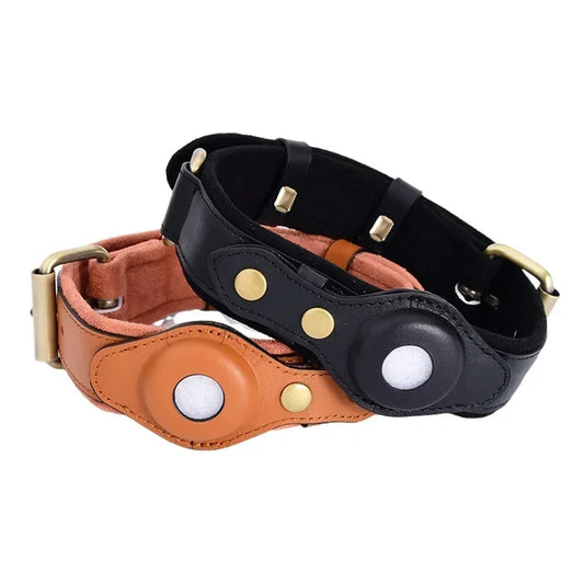 Heavy Duty Genuine Leather Dog Collar with AirTag Holder