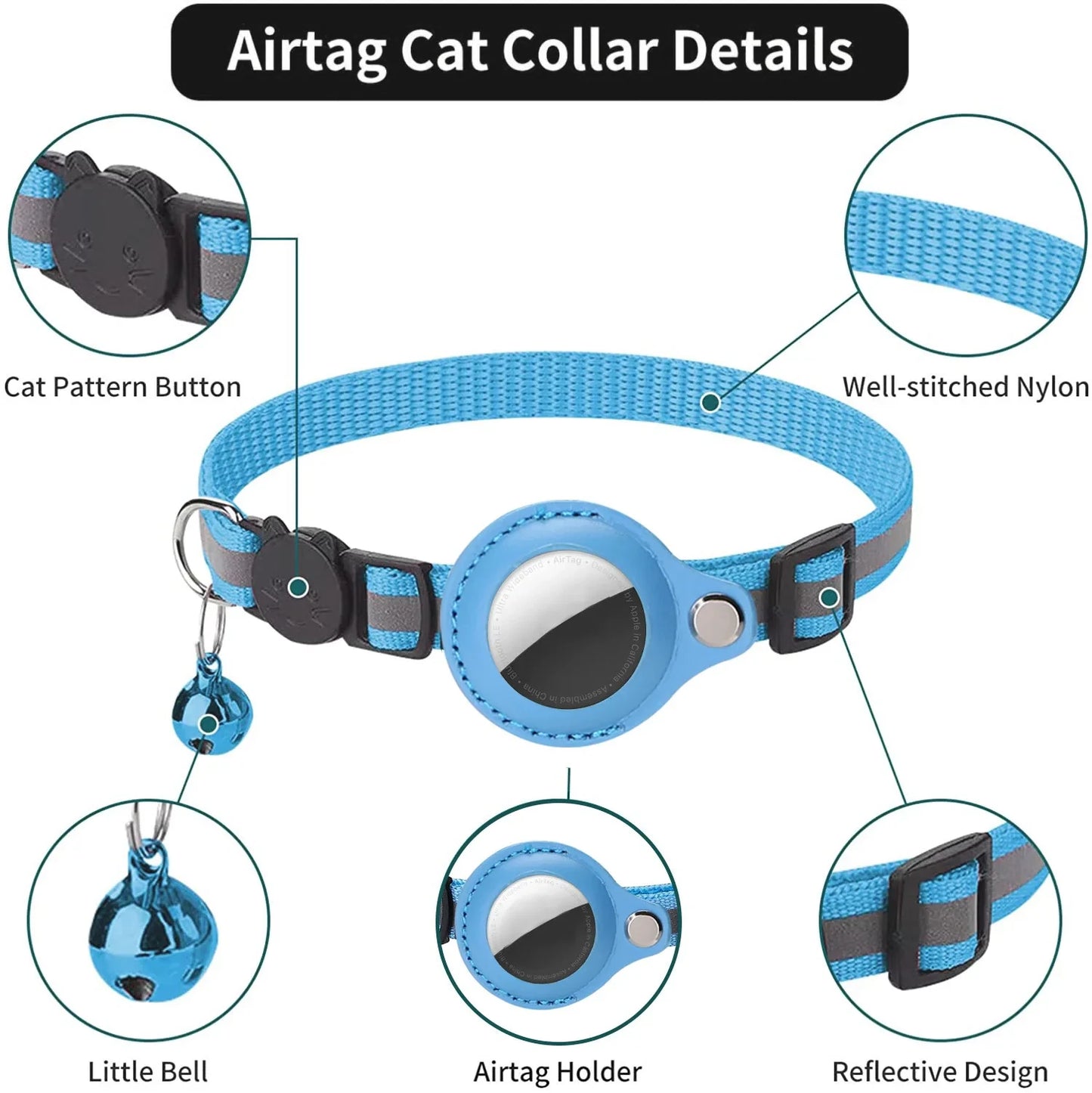 Cat AirTag Holder Collar with Breakaway Buckle and Reflective Strips and Cat Bell