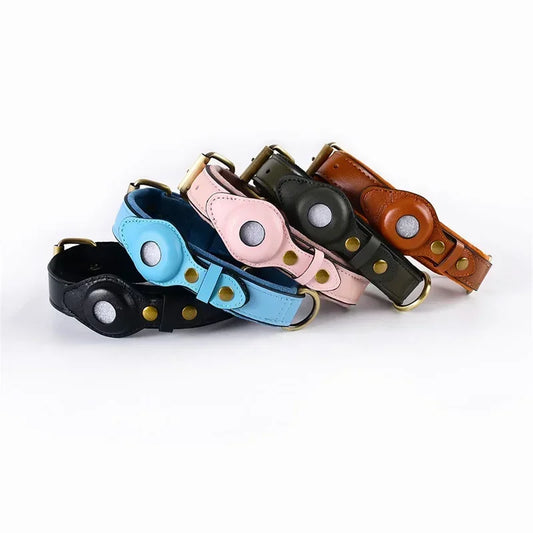 Heavy Duty Genuine Leather Dog Collar with AirTag Holder