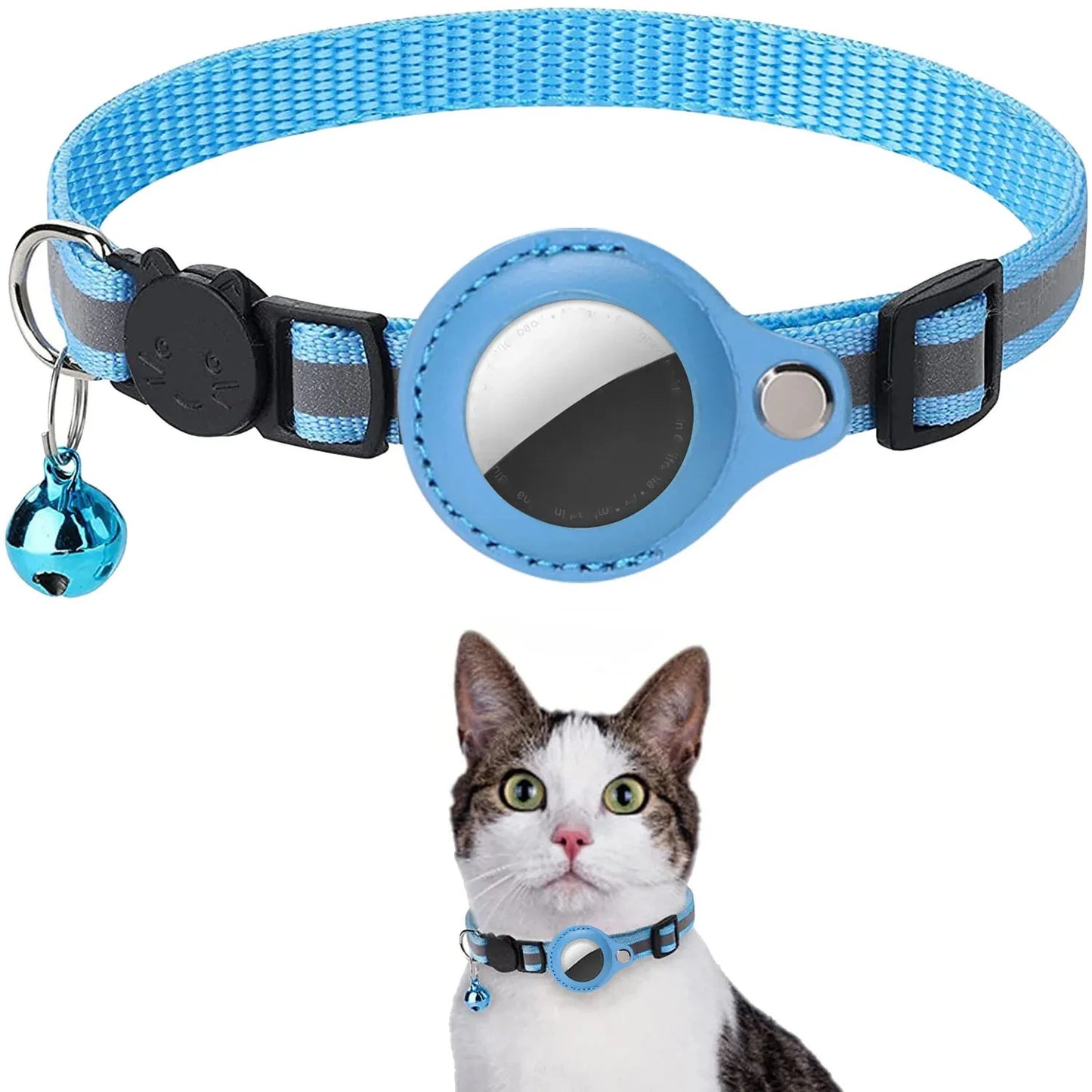Cat AirTag Holder Collar with Breakaway Buckle and Reflective Strips and Cat Bell