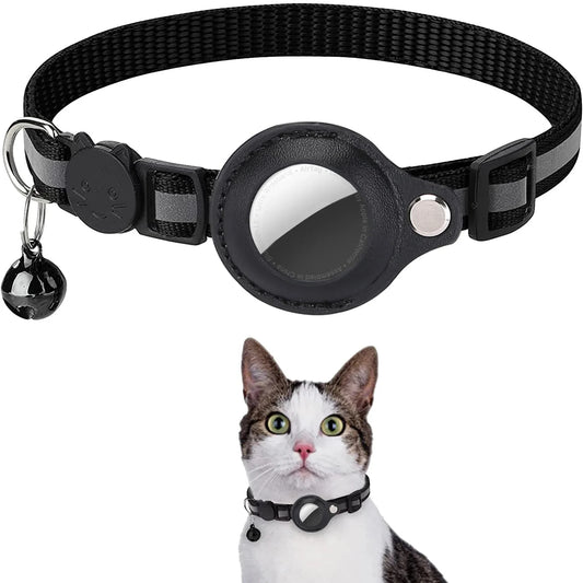 Cat AirTag Holder Collar with Breakaway Buckle and Reflective Strips and Cat Bell