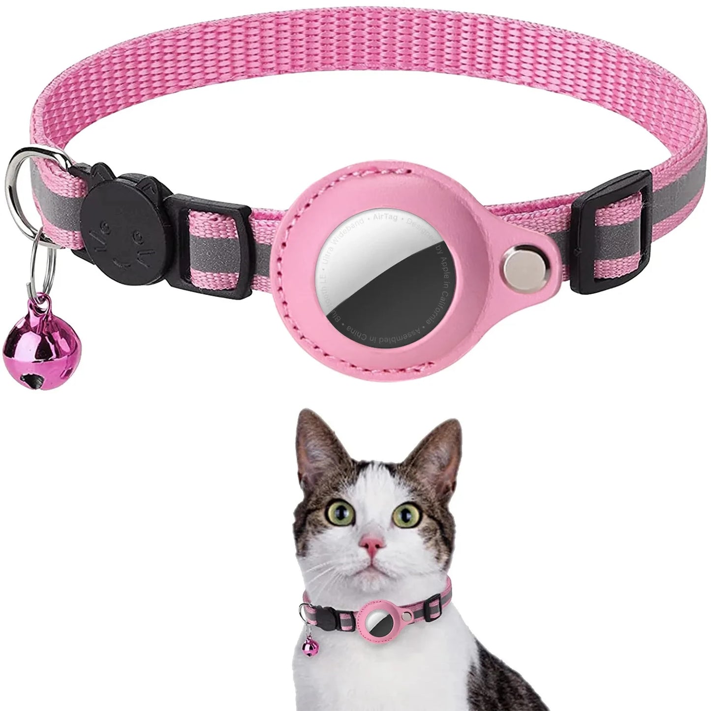 Cat AirTag Holder Collar with Breakaway Buckle and Reflective Strips and Cat Bell