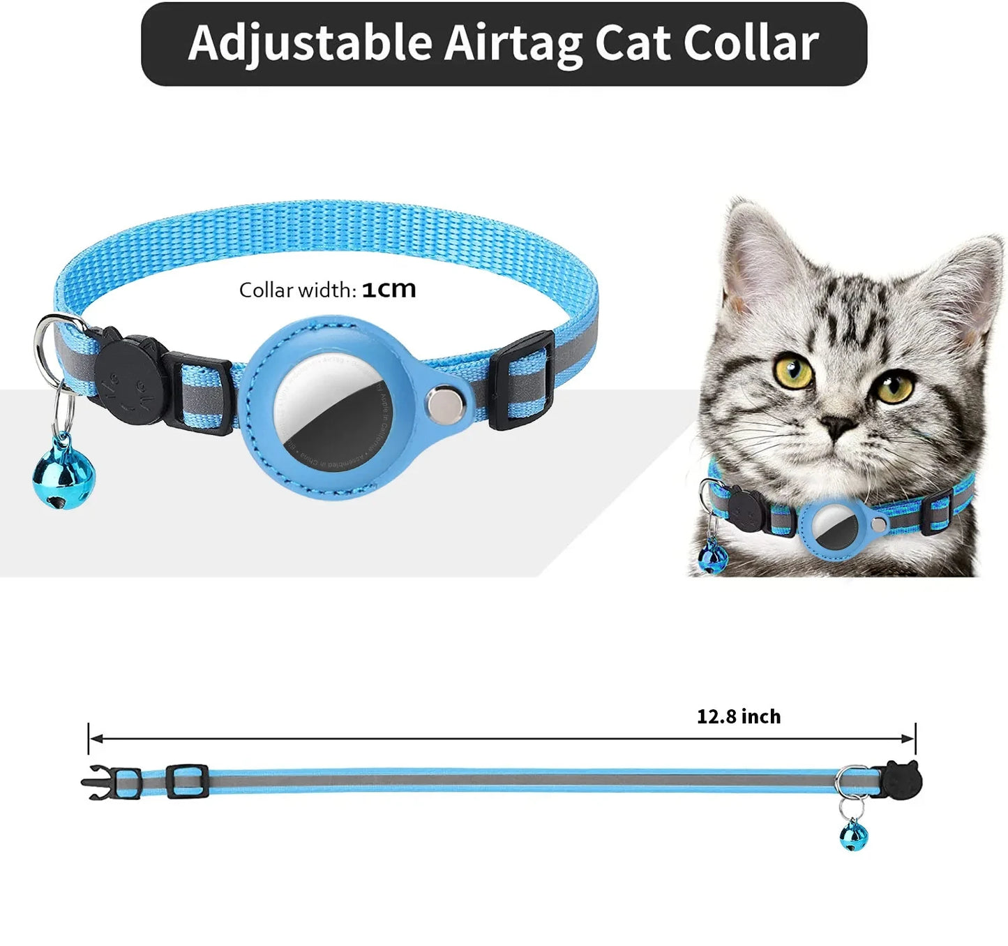 Cat AirTag Holder Collar with Breakaway Buckle and Reflective Strips and Cat Bell