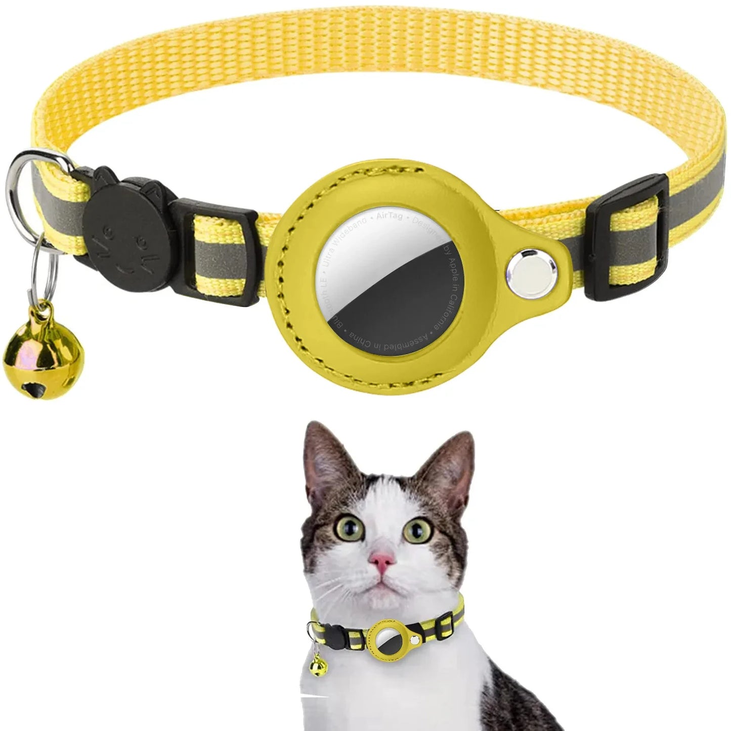 Cat AirTag Holder Collar with Breakaway Buckle and Reflective Strips and Cat Bell