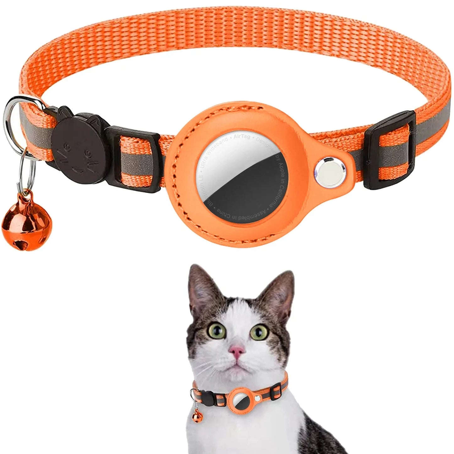 Cat AirTag Holder Collar with Breakaway Buckle and Reflective Strips and Cat Bell